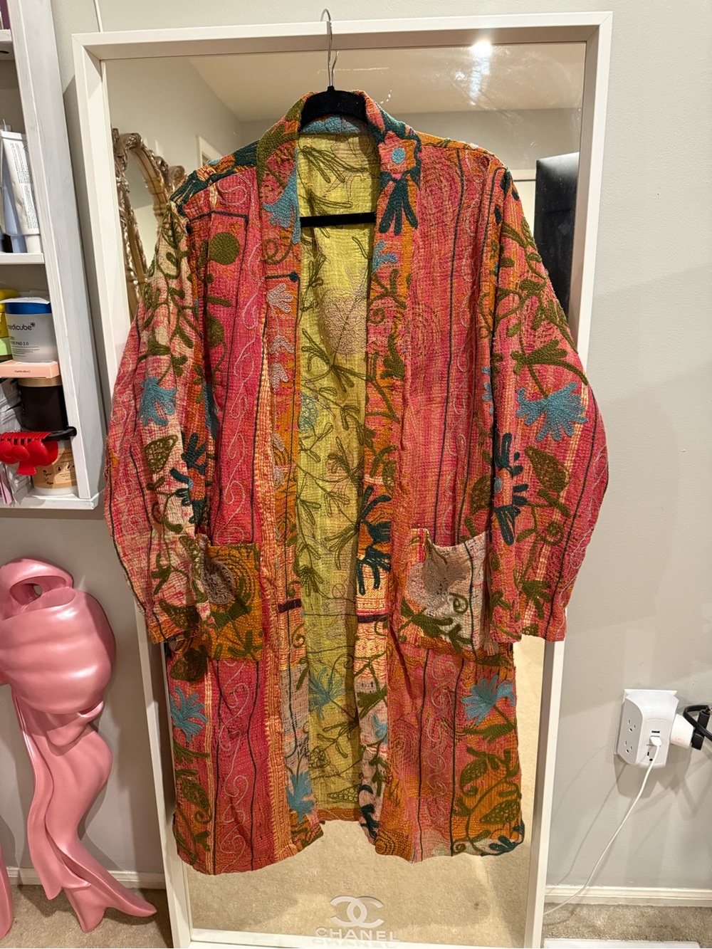 Vibrant Floral kantha Duster Coat - Pink, Green, Blue
